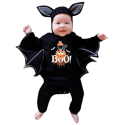 Halloween Kostüm Kinder, Fledermaus Langarm Hut Hosen Karneval Kostüm Strampler Halloween Kostüm Baby Einteiler Jumpsuits Strampler Set Für Halloween Cosplay Neugeborenes (Z6-Black, 3-6 Months) von Orbgons