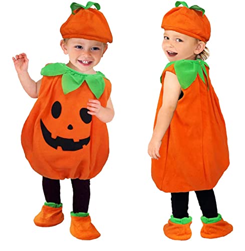 Halloween kostümkürbis Kinder kürbiskostüm, Halloween Kinder Performance Kostüm Niedliches Kürbisse Cosplay Set Fleece Pumpkin Halloween Cosplay Bühnenleistung für 3-7 Jahre (Orange, 6-12 Months) von Orbgons