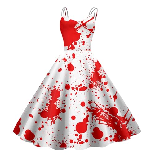 Horrorbraut Kostüm Halloween, Halloween Kostüm Damen Gruselig Brautkleid Halloween Kostüm Damen Mit Blutigem Aufdruck Damen Rockabilly Cocktailkleid Tunikakleider Rundhals Schwingen (A-Red, XXL) von Orbgons