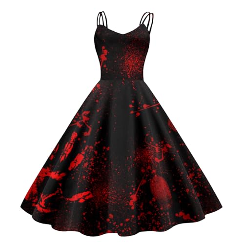 Horrorbraut Kostüm Halloween, Halloween Kostüm Damen Gruselig Brautkleid Halloween Kostüm Damen Mit Blutigem Aufdruck Damen Rockabilly Cocktailkleid Tunikakleider Rundhals Schwingen (B-Black, L) von Orbgons