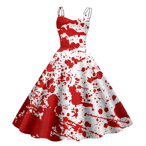 Horrorbraut Kostüm Halloween, Halloween Kostüm Damen Gruselig Brautkleid Halloween Kostüm Damen Mit Blutigem Aufdruck Damen Rockabilly Cocktailkleid Tunikakleider Rundhals Schwingen (B-Red, M) von Orbgons