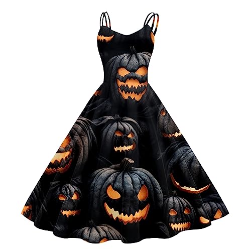 Horrorbraut Kostüm Halloween Kostüm, ärmellos Gruselig Brautkleid Halloween Kostüm Damen Mit VerrückterKürbis Druck Damen Halloween Kleid Kostüm Party Bequemer Cocktailkleid Halloween (Khaki, XXL) von Orbgons