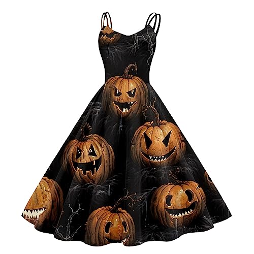 Horrorbraut Kostüm Halloween Kostüm, ärmellos Gruselig Brautkleid Halloween Kostüm Damen Mit VerrückterKürbis Druck Damen Halloween Kleid Kostüm Party Bequemer Cocktailkleid Halloween (Yellow, M) von Orbgons