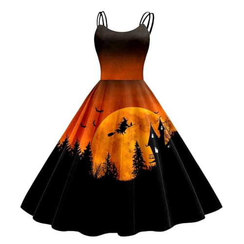 Horrorkostüm Halloween Kleid, Halloween Kostüm Damen Gruselig Brautkleid Mit VerrückterKürbis Druck Damen Rockabilly Cocktailkleid Tunikakleider Spaghettiträger Kleid Schwingen (Light Yellow, M) von Orbgons