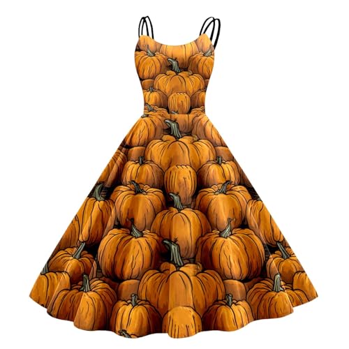 Horrorkostüm Halloween Kleid, Halloween Kostüm Damen Gruselig Brautkleid Mit VerrückterKürbis Druck Damen Rockabilly Cocktailkleid Tunikakleider Spaghettiträger Kleid Schwingen Gastkleider (Orange, S) von Orbgons