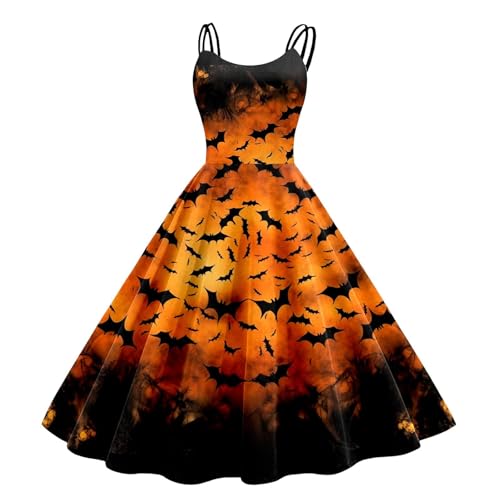 Horrorkostüm Halloween Kleid, Halloween Kostüm Damen Gruselig Brautkleid Mit VerrückterKürbis Druck Damen Rockabilly Cocktailkleid Tunikakleider Spaghettiträger Kleid Schwingen Gastkleider (Black, XL) von Orbgons