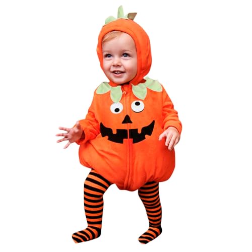 Kinder Halloween Kostüm Junge, Unisex Pumpkin Bodysuit Jumpsuit Karneval Festival Strampler Outfits Für Pumpkin Halloween Cosplay Baby Strampler Warm Mädchen Overall Jungen (01 Orange, 12-18 Months) von Orbgons