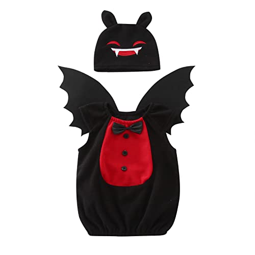 Kleinkind Baby Jungen Halloween Fledermaus Soft Fleece Weste Tops Sets mit Flügel Hut 3PCS Set Kostüme, Baby Halloween Kostüm Kinder, Costume For Carnival Pumpkin kostüm Baby (Black, 6-12 Months) von Orbgons