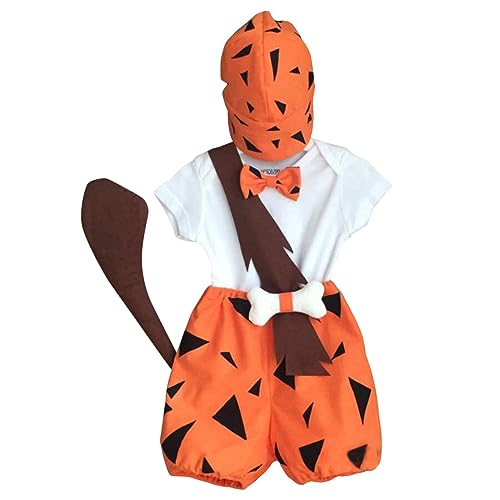 Kleinkind Baby Mädchen Kiesel Kostüm Halloween Kiesel Kostüm Kinder Junge Kurzärmeliges Oberteil Shorts Mütze Historische Höhlenmädchen Höhlenmensch Halloween Karneval (Orange, 12-18 Months) von Orbgons