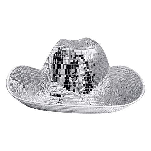 Orbgons Disco Ball Cowboy Hut Spiegel Disco Cowboy Hut Disco Ball Hüte Glas Pailletten Cowboy Hut Kappe Neon Glitzer CowgirlHüte Braut Party Hut Prom Party Cowboy Hut (01-Silver, One Size) von Orbgons