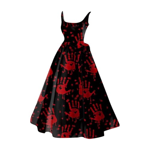 Orbgons Halloween Kleid Horrorkostüm für Damen, Gruselig Zombiebrautkostüm Damen Damen Halloween Kleidung Mit Blutigem Aufdruck Rockabilly Cocktailkleid Tunikakleider Rundhals Schwingen (1-Black, L) von Orbgons