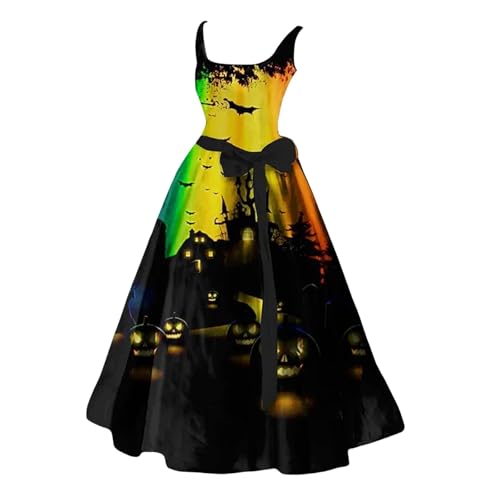 Orbgons Halloween Kleid Horrorkostüm für Damen, Gruselig Zombiebrautkostüm Damen Damen Halloween Kleidung Mit Blutigem Aufdruck Rockabilly Cocktailkleid Tunikakleider Rundhals Schwingen (2-Yellow, M) von Orbgons