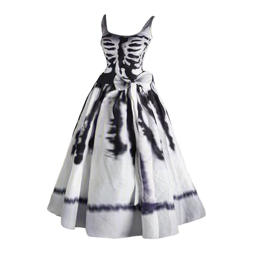 Orbgons Halloween Kleid Kostüm für Damen, Gruselig Zombiebrautkostüm Damen Halloween Kostüm Damen Mit Blutigem Aufdruck Damen Rockabilly Cocktailkleid Tunikakleider Rundhals Schwingen (White-g, XL) von Orbgons