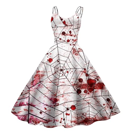 Orbgons Halloween Kostüm Damen Gruselig, Gruselig Zombiebrautkostüm Damen Damen Halloween Kleidung Mit Blutigem Aufdruck Rockabilly Cocktailkleid Tunikakleider Rundhals Schwingen (Watermelon Red, L) von Orbgons