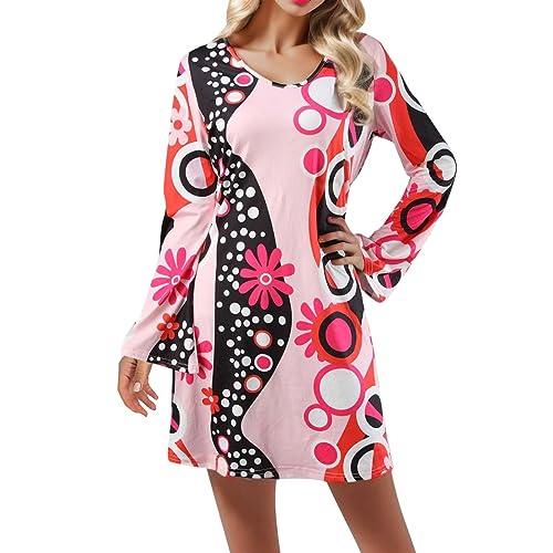 Orbgons Hippie Kleidung Damen, 60 Er 70er Jahre Hippie Kleid, Disco Kleidung Frauen Damen Kleid FüR Karneval Party, Halloween KostüM Damen, Damen Retro Disco Outfit Faschingskostüm (Red, S) von Orbgons