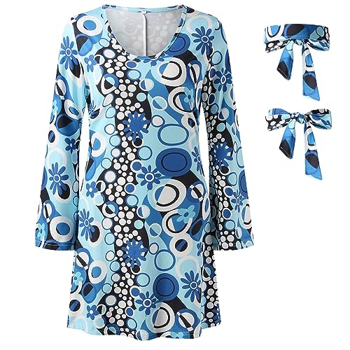 Orbgons Hippie Kleidung Damen 60er 70er Jahre Hippie kostüm Damen Kleid Hippie Accessoires 70er Jahre Bekleidung Damen Disco FeverKleidung Frauen Girl Damen Kleid für Karneval Party (Blue, L) von Orbgons