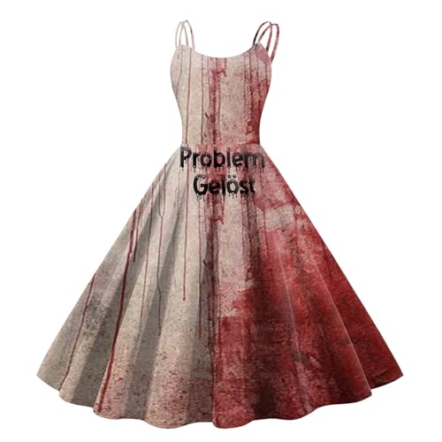 Orbgons Horrorkostüm Halloween Kleid, Gruselig Zombiebrautkostüm Damen Halloween Kleidung Mit Blutigem Aufdruck Lässig Party Rockabilly Cocktailkleid Tunikakleider Rundhals Schwingen Gastkleider (S) von Orbgons