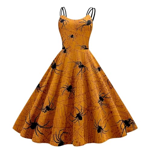 Orbgons Horrorkostüm Halloween Kleid, Halloween Kostüm Damen Gruselig Brautkleid Mit VerrückterKürbis Druck Damen Rockabilly Cocktailkleid Tunikakleider Spaghettiträger Kleid Schwingen (Yellow, XL) von Orbgons