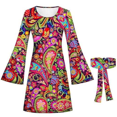 Orbgons Kostüme Faschingskostüme Hippie Kostüm Damen Kleidung 70er Jahre Bekleidung Kleid 60er 70er Kleid Hippie Kleidung Frauen Mädchen Disco Kleider für Halloween Karneval Cosplay (Red, L) von Orbgons