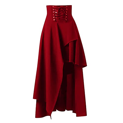 Orbgons Pirat Kostüm Damen, Damen Gothic Punksteampunk Spitze Rock Kleidung Kurzer Rock Mittelalter Rock Lang Unregelmäßiger Saum Maxirock Für Halloween Cosplay Damen Gothic Kleidung (Red, L) von Orbgons