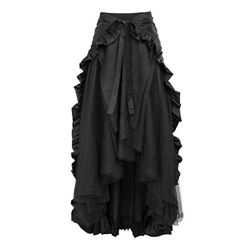 Orbgons Pirat Kostüm Damen, Mittelalter Rock Damen Lang Piraten Rock Retro Elastische Taille Steampunkkleid Mittelalter Rock Lang Unregelmäßiger Saum Maxirock Für Halloween Cosplay (Black, XXXL) von Orbgons