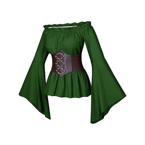 Orbgons Piraten Kostüm Damen, Mittelalter Kleidung Damen Gothic Langarm Off Shoulder Corsett Top + Gürtel, ViktorianischesRenaissance Kostüm Spitzenbluse Mittelalter Gesmokt Langarmshirt (Green, XL) von Orbgons