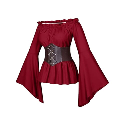 Orbgons Piraten Kostüm Damen, Mittelalter Kleidung Damen Gothic Langarm Off Shoulder Corsett Top + Gürtel, ViktorianischesRenaissance Kostüm Spitzenbluse Mittelalter Gesmokt Langarmshirt (Red, L) von Orbgons