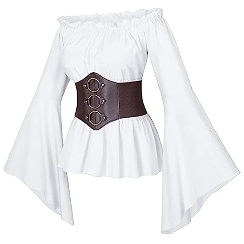 Orbgons Piraten Kostüm Damen, Mittelalter Kleidung Damen Gothic Langarm Off Shoulder Corsett Top + Gürtel, ViktorianischesRenaissance Kostüm Spitzenbluse Mittelalter Gesmokt Langarmshirt (White, S) von Orbgons