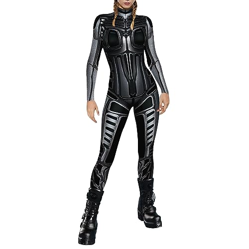 Roboter Cosplay-Overall Für Damen, Faschingbodysuit Punk-Catsuit, 3d-Print, Cosplay-Kostüm, Weihnachten Karneval Jumpsuits Einteiler Mit Printreißverschluss Cosplay Bodysuit Halloween (02 Black, S) von Orbgons