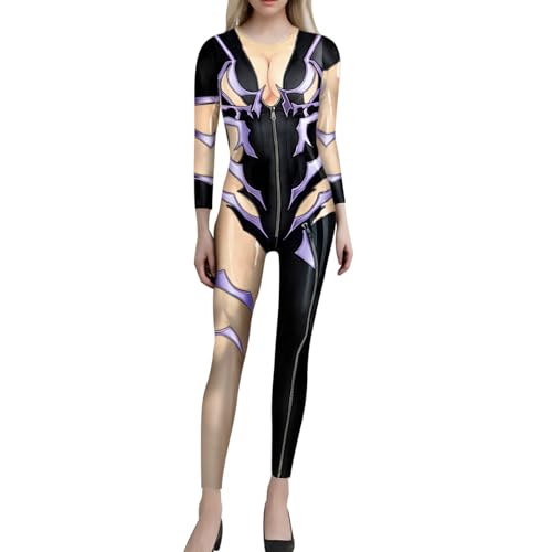 Roboter Jumpsuit Damen, Roboter Halloween Kostüm Overall, Langarm Skinny Bodysuit Kostüme Für Erwachsene Für Verkleidung Faschingkarneval Party Cosplay Halloween-Bodysuit, Rollenspiel, (03 Purple, XL) von Orbgons