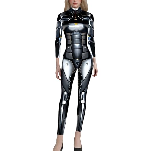 Roboter Jumpsuit Damen, Roboter Halloween Kostüm Overall, Langarm Skinny Bodysuit Kostüme Für Erwachsene Für Verkleidung Faschingkarneval Party Cosplay Halloween-Bodysuit, Rollenspiel, (04 Black, XL) von Orbgons