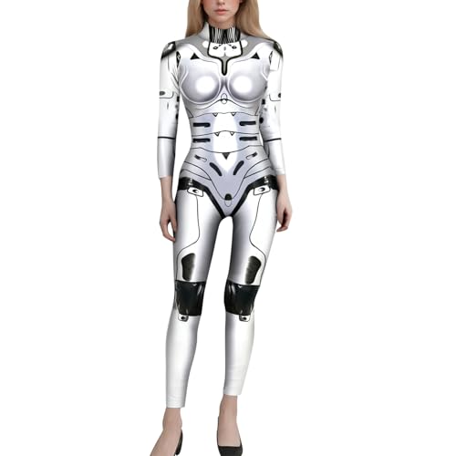 Roboter Jumpsuit Damen 3D Roboter Erwachsene Jumpsuit Langarm Catsuit Langarm Skinny Bodysuit Kostüme Für Erwachsene Karneval Halloween Kostüm Für Verkleidung Faschingkarneval (05 Light Gray, XXL) von Orbgons