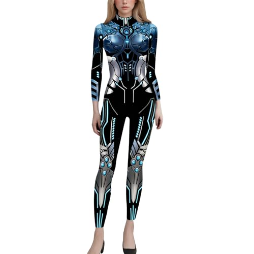 Roboter Jumpsuit Damen 3D Roboter Erwachsene Jumpsuit Langarm Catsuit Langarm Skinny Bodysuit Kostüme Für Erwachsene Karneval Halloween Kostüm Für Verkleidung Faschingkarneval Party (09 Black, XXL) von Orbgons