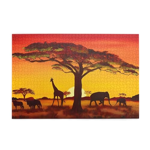 Afrikanisches Tier Sonnenuntergang Druck Puzzle Personalisiertes Puzzle Holzpuzzle Lustiges Puzzle 1000 Teile für Erwachsene Geburtstag Weihnachten Geschenk von OrcoW