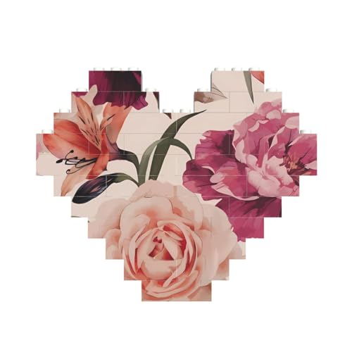 Pinker Blumen- und Rosen-Druck, Baustein, Herz, Baustein, personalisierbar, Ziegelstein-Puzzle, für Männer und Frauen, Geburtstag, Valentinstag, Geschenke von OrcoW