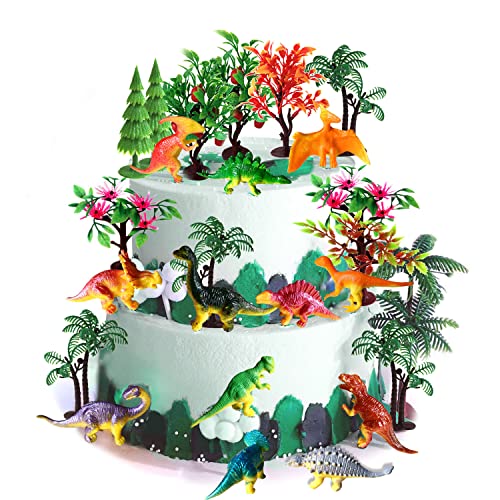 OrgMemory Bäume Kuchen Dekorationen, Modellbau Bäume mit Basen, Dinosaurier Figuren für Miniatur Deko oder Cake Topper (12 Dinosaurier und Bäume) von OrgMemory