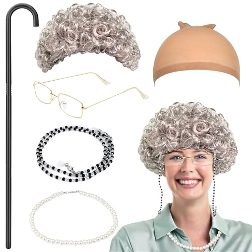 Orgoue 6 Stück Oma Perücke Kostüm Set, Alte Dame Kostüm Zubehör Oma Oma Cosplay Zubehör Alte Dame Cosplay Set mit Perücke Kappe Oma Stock Brille Halsketten Armband Perlenkette für Karneval von Orgoue