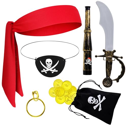 Orgoue 7PCS Kapitän Piraten Kostüm Zubehör, Piraten Kostüm Frauen Männer Kinder Piraten Zubehör mit Piraten Bandana Stirnband, Augenklappe, Fernglas, Ohrring, Geldbörse und Goldmünzen für Halloween von Orgoue