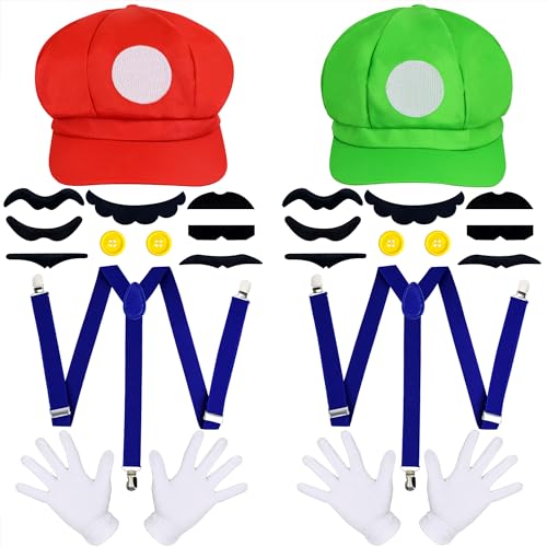 Orgoue Super Bros Kostüm, Mario Bros Kostüm Mario & Luigi Hut Kappen Schnurrbärte Handschuhe Knöpfe Hosenträger Cosplay Kostüm Zubehör Für Damen Herren Kind Für Karneval von Orgoue