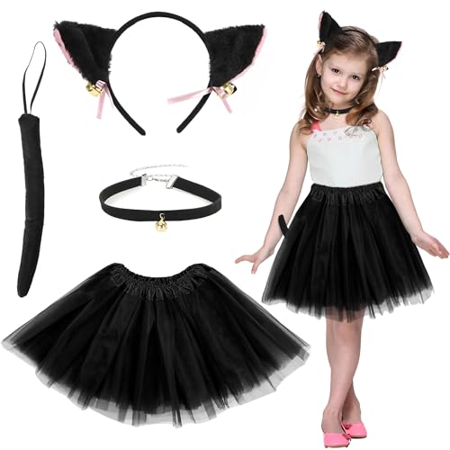 Orgoue Katzenkostüm, Katzenkostüm Kinder Mädchen Katze Cosplay Set Mit Katzenohren-Stirnband, Glockenhalsband, Schwarzem Tutu Und Katzenschwanz Für Karneval Fasching Motto Cosplay Party (rosa-schwarz) von Orgoue