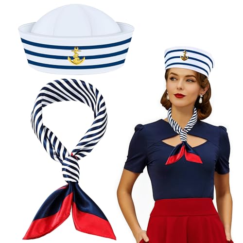 Orgoue Matrosenhut und Schal Set für Frauen Männer Marine Outfit Blau mit weißem Matrosenhut Kapitänshut Matrosenschal für Halloween Cosplay Party von Orgoue