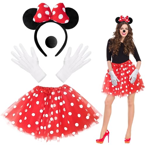 Orgoue Maus Mouse Kostüm,Damen Maus Mouse Kostüm Mädchen Maus Mouse Kostüm Set Rot Tutu Mit Weiß Gepunktet/Mini Maus Haarreifen Mit/Handschuhe/Nase Für Kinder Ab 5 Jahre Karneval (rot-schwarz) von Orgoue