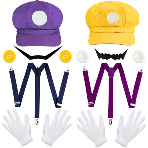 Orgoue Super Brothers Kostüm Zubehör, Super Bros Hut Schnurrbart Handschuhe Knöpfe Hosenträger Set für Erwachsene Kinder Frauen Cosplay (mischen) von Orgoue