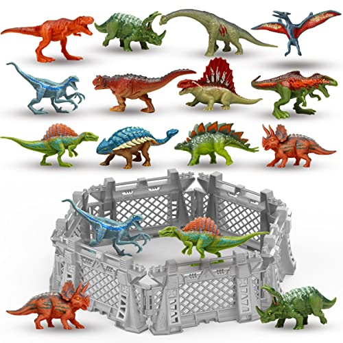 Oriate 12PCS Mini Dinosaurier Figuren Spielzeug für Kinder 3-5 5-7, Capture n Escape Dino World Playset, einschließlich 6 Dinosaurier Zäune Cake Topper Geburtstagsgeschenk für mädchen Jungen von Oriate