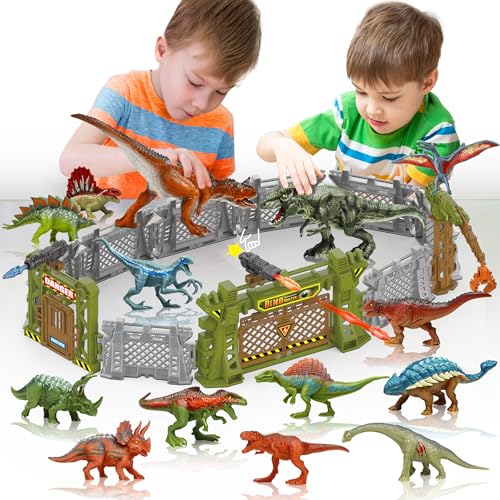 Oriate Dinosaurier Catch n Run Kampfspielset, inklusive Big Trex & Carnotaurus 12 Miniatur-Dino-Figuren, 2 Bäume, 2 Blaster und mehr, Spielzeuggeschenk für Dinosaurier-Fans 208-2 von Oriate