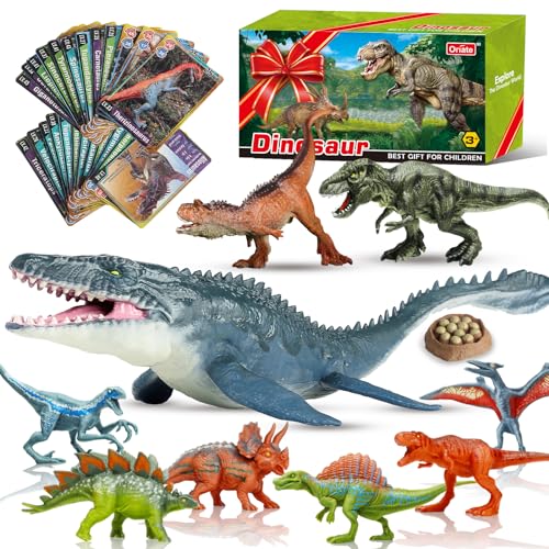 Oriate Dinosaurier Figuren Spielzeug, 12″Mosasaurus Realistisch 6″Jurassic T Rex Carnotaurus Dino Spielzeug, 6mini Dinos & Dino Ei für Kuchendeko Party Kuchen, 25 Kartenspiel für Kinder von Oriate