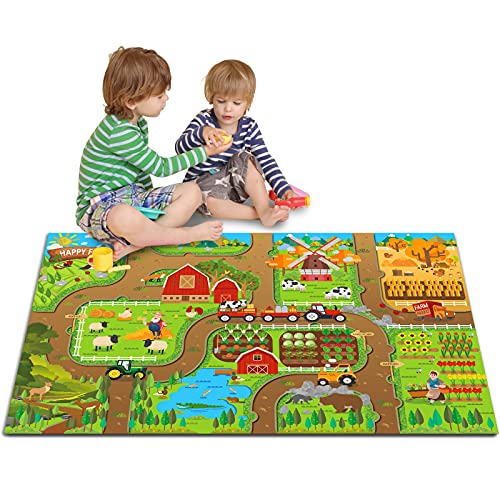 Oriate Glücklich Spielteppich Bauernhof für Kinder, Spielteppich Kinder Aktivitäts Spielmatte, Interaktive Eltern Kind Spielmatte für Bauernhof Spielzeug Traktor, Lernspielzeug Geschenk 120x80CM von Oriate