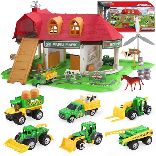 Oriate Spielset Bauernhof Abenteuer mit Traktor Spielzeug, Bauernhaus mit Stall und Tieren und Diecast Traktor Spielzeug Lernspielzeug Geschenk Kinder von Oriate