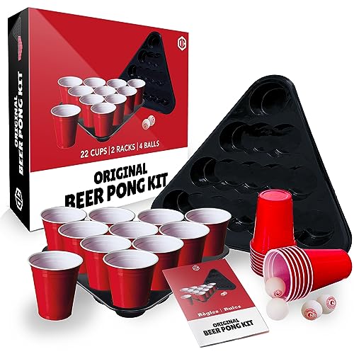 Offizielles Beer Pong Set® | Gesamtpaket Beer Pong Officiel | Premium Qualität | 22 Red Cups | 2 Racks | 4 Bälle | Offizielle Regeln | Trinkspiel | Partyspiel | OriginalCup® von Original Cup