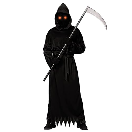 Sensenmann Kostüm für Erwachsene | Bestehend aus 1 Vollkapuze, 1 Kleid, 1 Sense, Leuchtbrille, Handschuhe | Angenehm zu tragendes Halloween-Kostüm | Cosplay Horrorfilm | OriginalCup®. von Original Cup